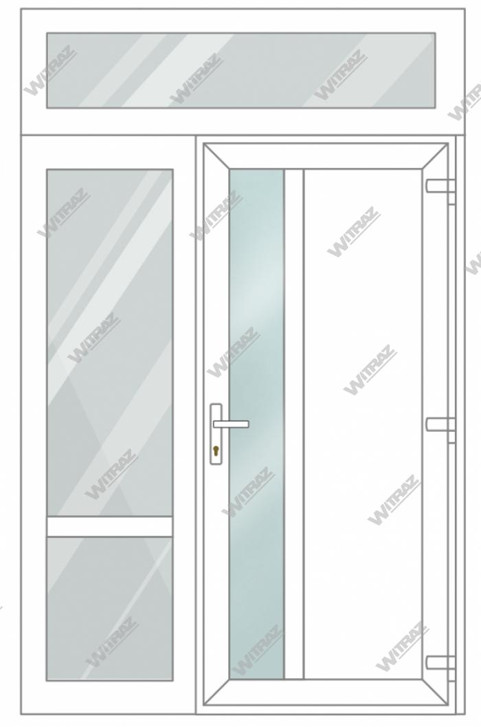 PVC entrance doors with 1 side and 1 top windows - Door (matte glass + PVC) + Side (glass + glass) + Upper window (glass)