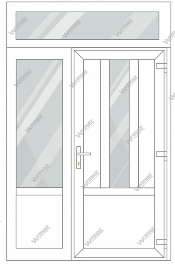 Sissepääsu PVC uks 1 külg- ja 1 ülaaknaga - Uks ((PVC + klaas + PVC) + PVC)) + 1 külgaknaga (klaas + PVC) + 1 ülaaknaga (klaas)